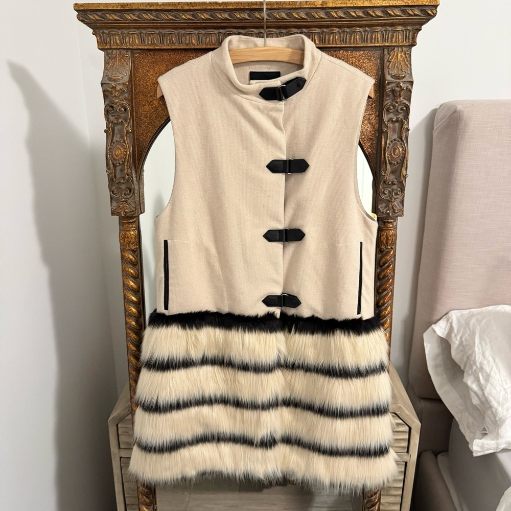 Plenty by Tracy Reese S Anthropologie Naka Vest Long Faux Fur Cream Black Vest